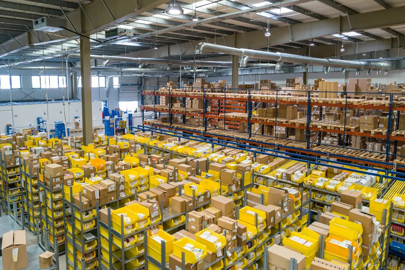 Warehouse with racks of packed goods ready for dispatch